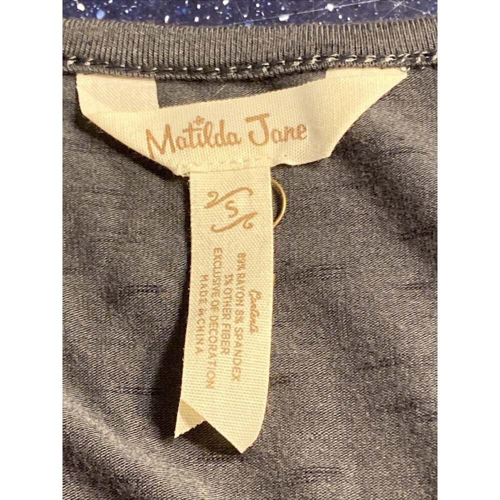 Matilda Jane Sz S Grey Gray Midi Dress Elastic/Tie Waistband V-Neck 3/4 Sleeve - Picture 9 of 12
